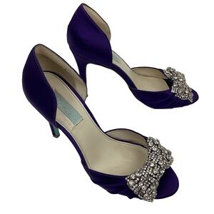 Betsey Johnson Gown Crystal Rhinestone Bow Stilettos Satin Purple